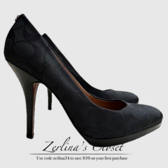 Coach Caya Signature C Black 4” Heel Shoes Size 7B NWOB $230 - Picture 1 of 11